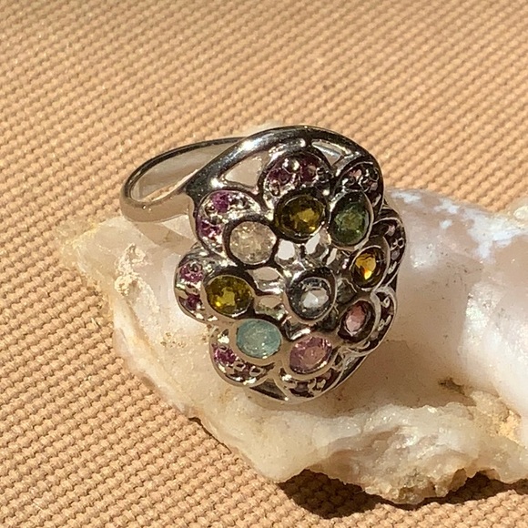 TOURMALINE, AQUAMARINE AND RHODOLITE 925 STERLING SILVER RING, SIZE 7 - Picture 3 of 6